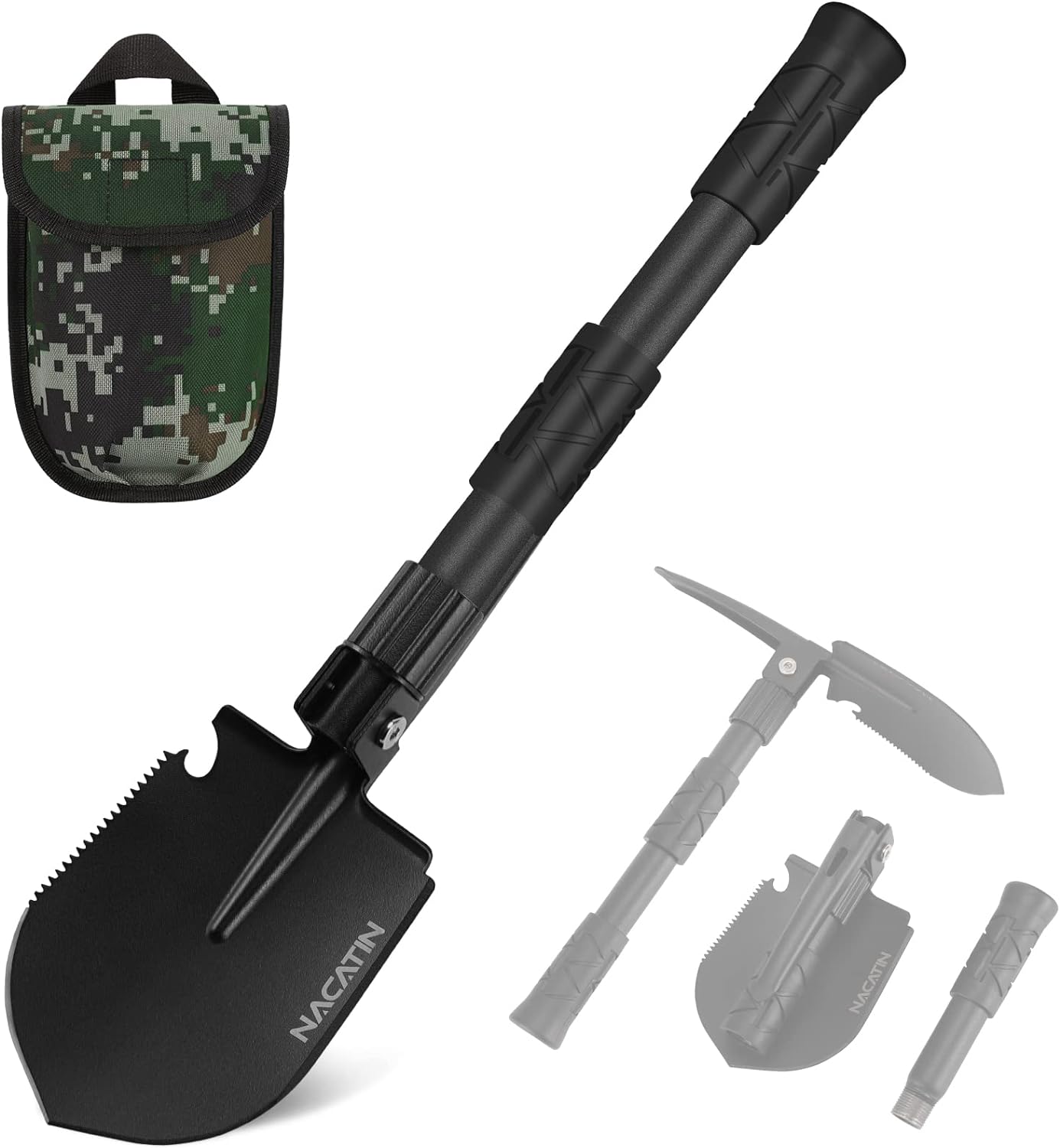 NACATIN Folding Shovel, Camping Military Survival Shovel Portable Tool for Camping, Hiking, Backpacking, Car Emergency, Outdoor, Gardening, Trenching