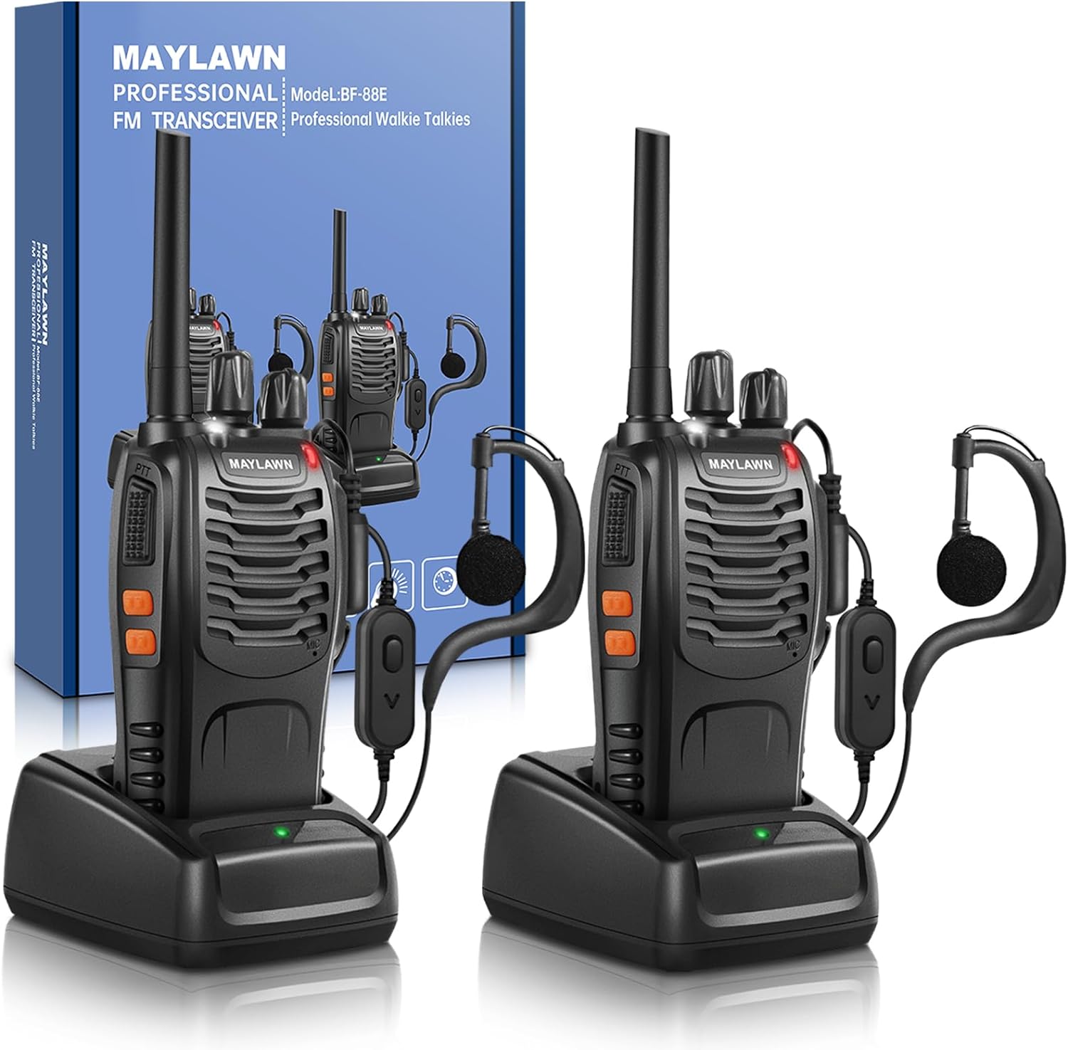 Maylawn Walkie Talkies Long Range 2Pcs, Walkie Talkies for Adults with Rechargeable Batteries, 2 Way Radio with LED Light Earpieces 16CH Supports VOX Function
