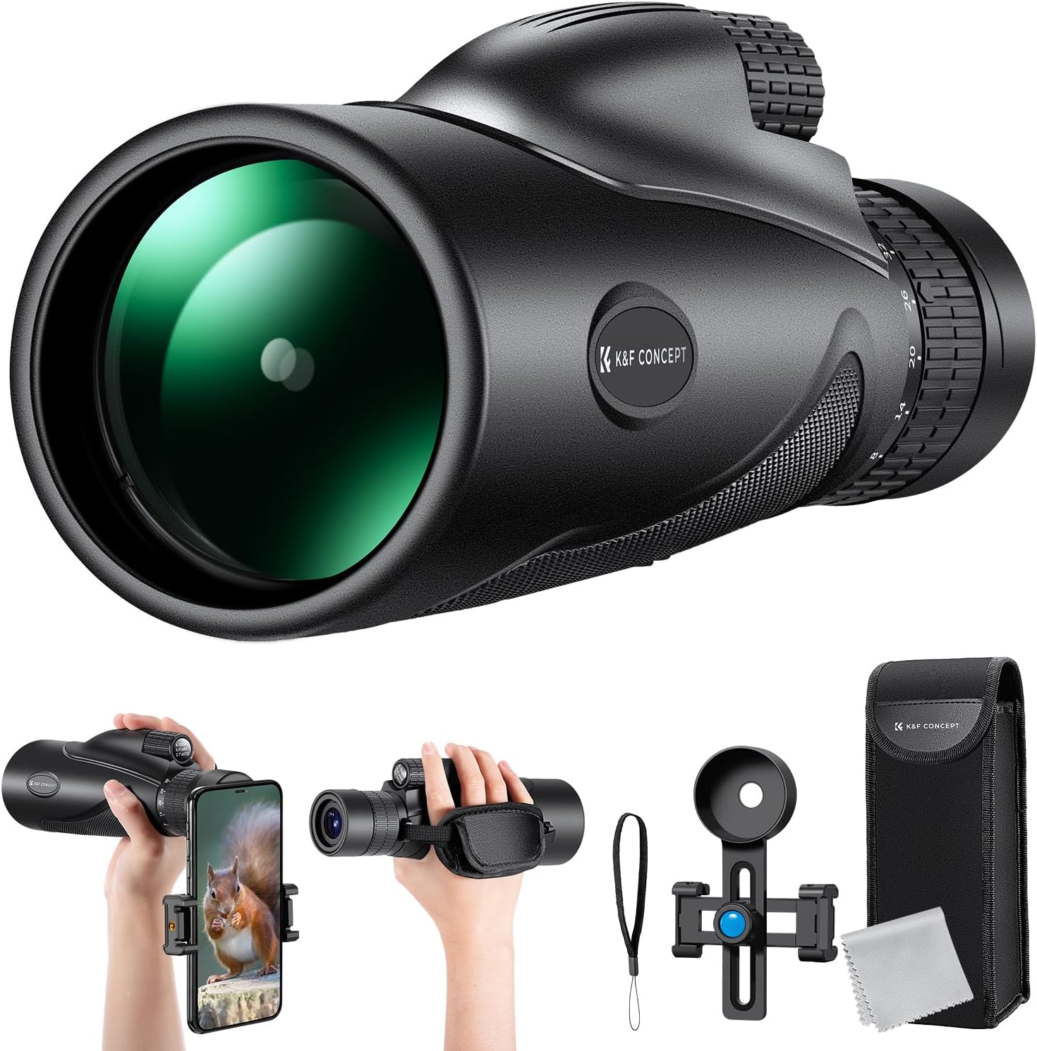 Concept 8-32X50 Zoom Monocular with Cell Phone Holder, Monocular for Adults -BAK4 Prism and FMC Lens - IP66 Waterproof - Great for Birdwatching, Hiking, Hunting, Camping, Traveling, Black