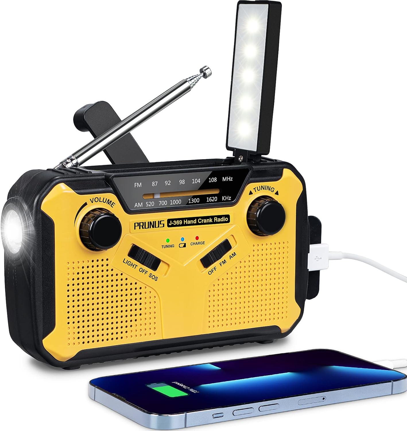 PRUNUS J-369 Wind Up Radio, Survival Equipment, AM/FM Portable Radio, Battery Radio with 3000mAh Power Bank, Solar Radio with Torch, Reading Lamp and SOS Alarm for Camping, Hiking and Emergencies